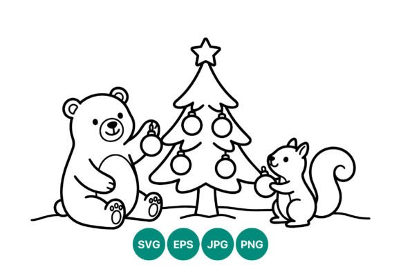 Bear and Squirrel Christmas Tree Decor Illustrations for Design Projects