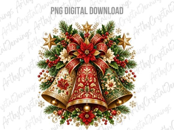 Christmas Bells Poinsettia Clipart PNG: A Festive Illustration for Handmade Creations