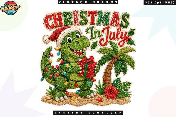 Christmas in July Dinosaur Patchwork PNG: A Festive Illustration for Creative Campaigns