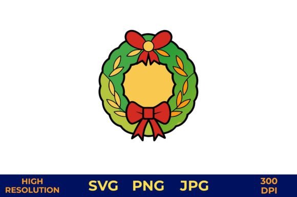 Christmas Wreath with Red Bows and Green Illustrations