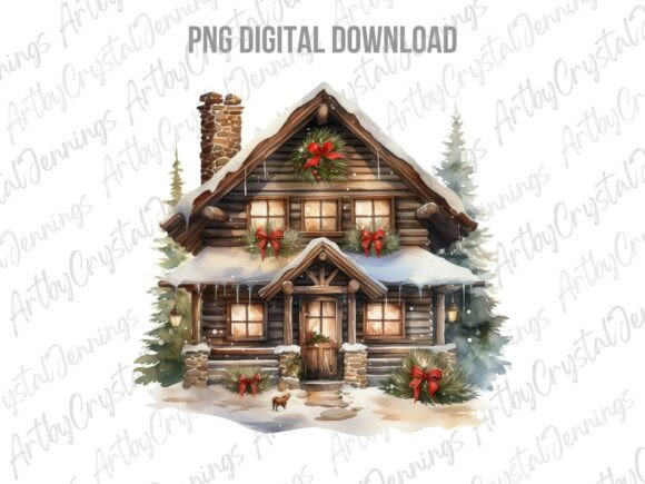 Cozy Christmas Cabin Watercolor PNG: A Festive Graphic Design Asset for Local Branding