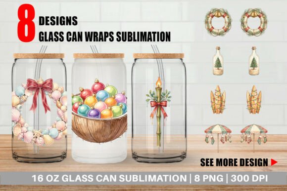 Retro Coastal Christmas Glass Can Wrap Illustrations for Polished Content