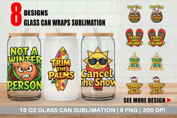 Salty Tropical Christmas Glass Can Wrap Illustrations: A Festive Design Asset for Crafters