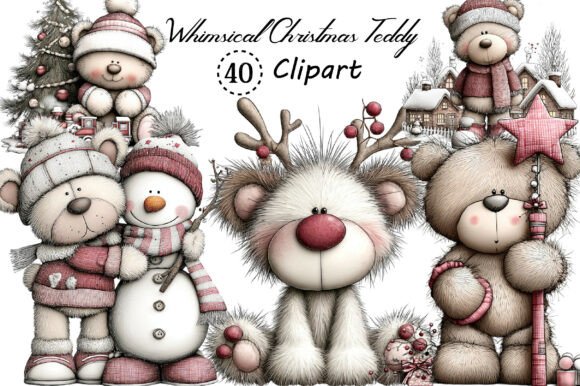 Whimsical Christmas Teddy Clipart Bundle: A Festive Illustration Boost for Content Creators