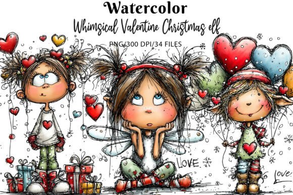 Whimsical Valentine Christmas Elf Girl Illustrations for Small Business Branding